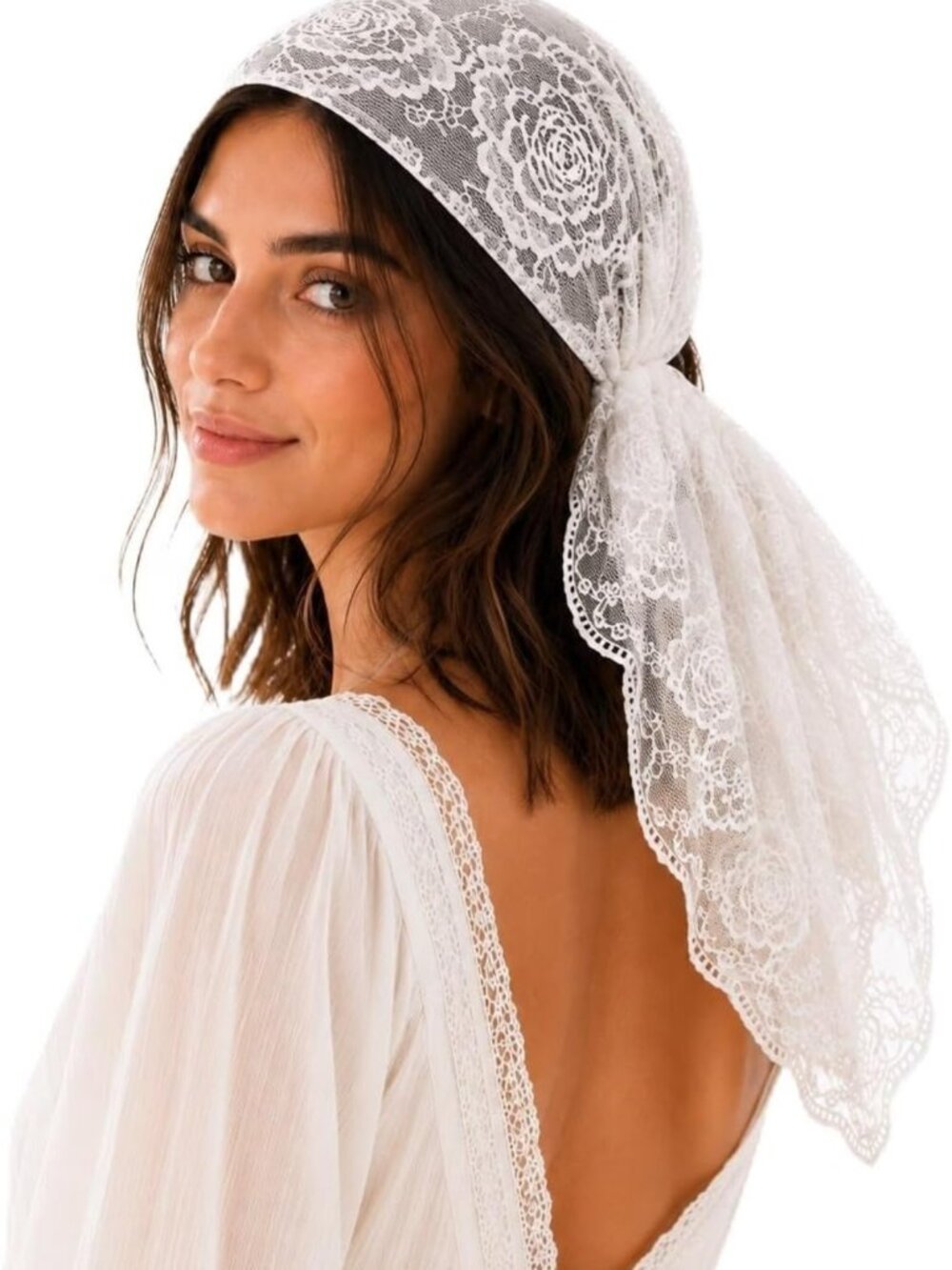 Elegant White Lace Bridal Head Scarf, Boho Wedding Hair Wrap, Floral Bandana